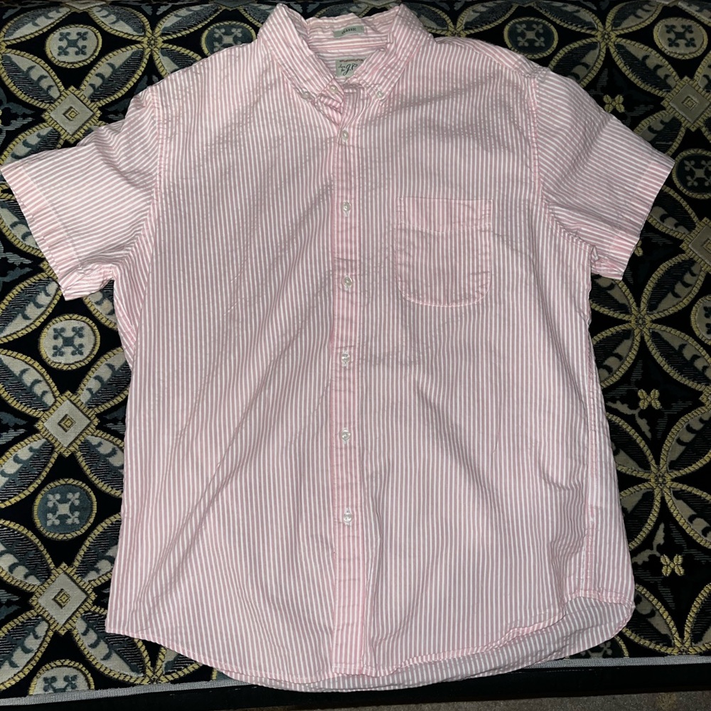 Classic J. Crew Women’s Button Down Pink Seersucker Half Sleeve 100% Cotton L - Picture 2 of 5